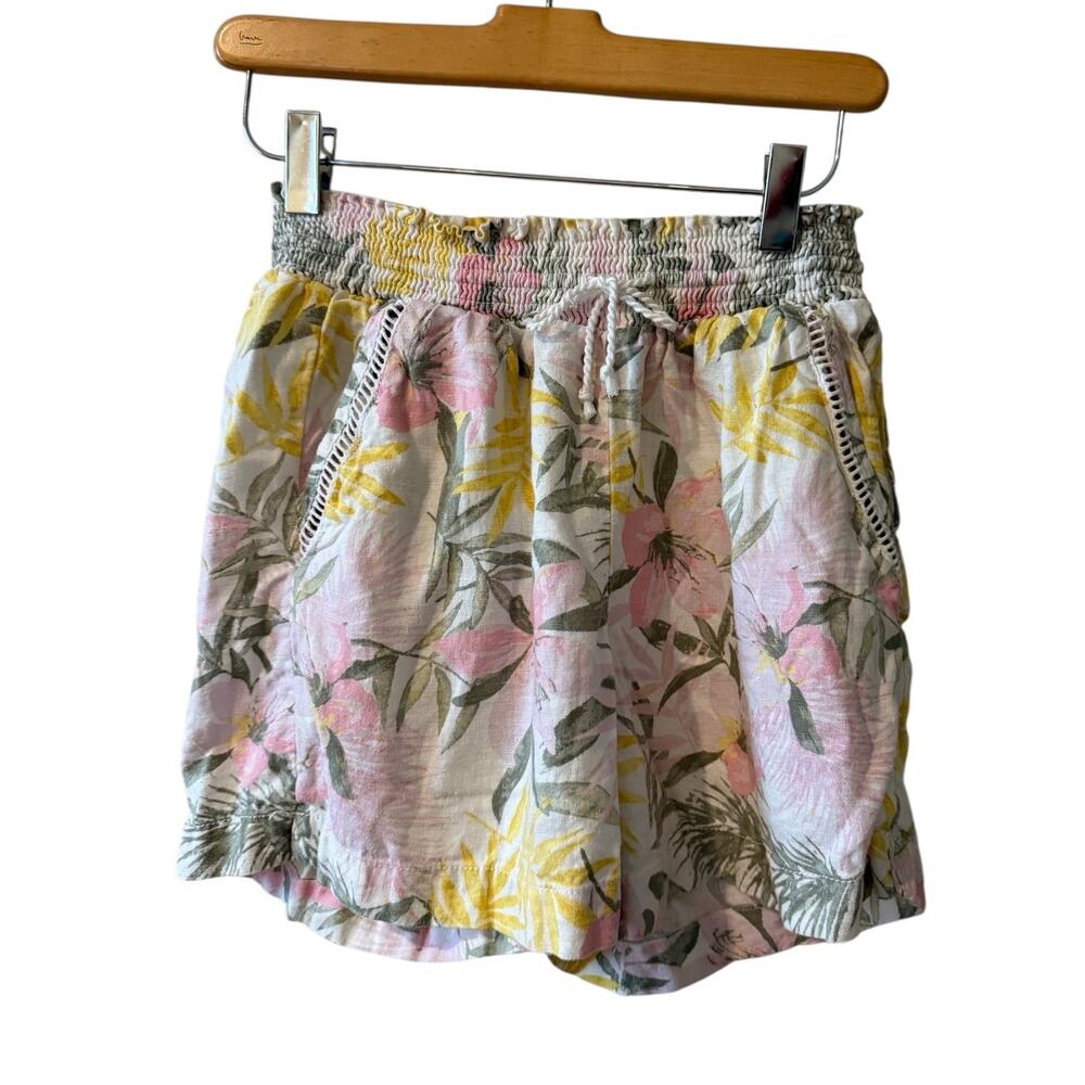 Briggs Casual Pull on Linen Shorts Pink Yellow Tropical Print M